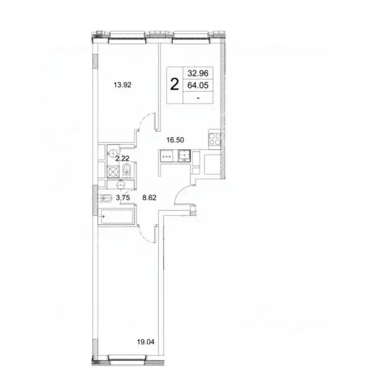 Квартира, 2 комнаты, 64.05 м - Фото 1