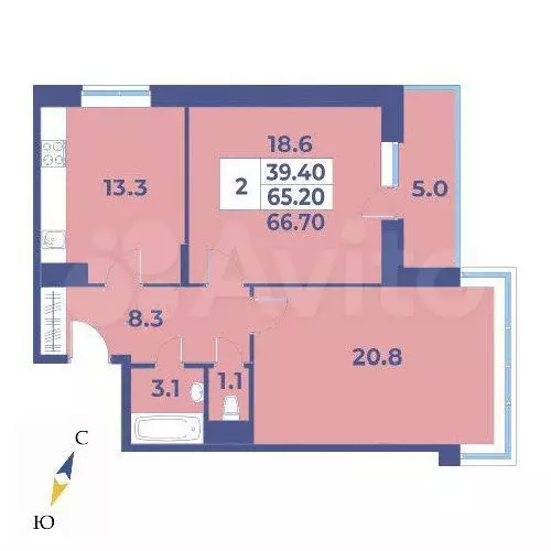 2-к. квартира, 66,7м, 8/9эт. - Фото 0