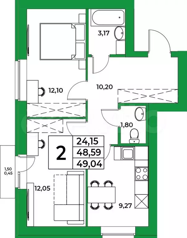 2-к. квартира, 49 м, 7/9 эт. - Фото 0