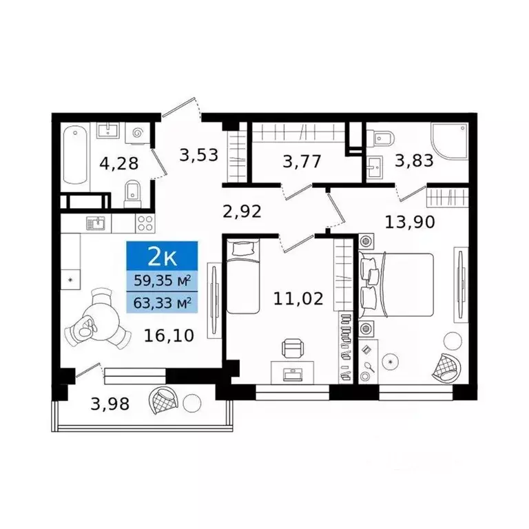 2-к кв. Курганская область, Курган просп. Конституции (63.33 м) - Фото 2