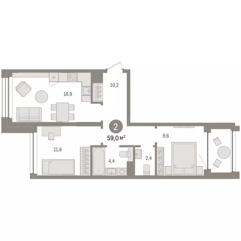2-комнатная квартира: Тюмень, улица Муравленко, 9/2 (58.95 м) - Фото 1