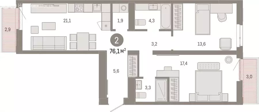 2-комнатная квартира: Тюмень, Ленинский округ (76.09 м) - Фото 1