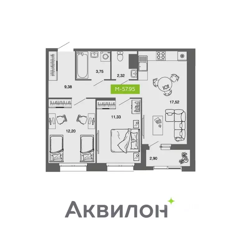 2-к кв. Архангельская область, Архангельск Комсомольская ул. (57.95 м) - Фото 1