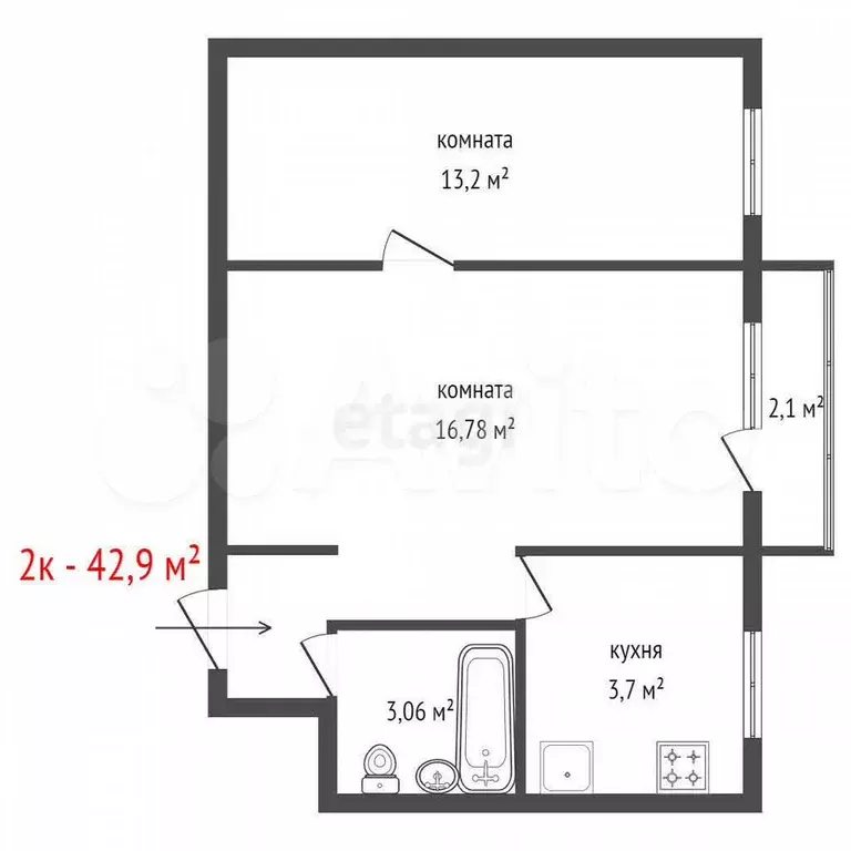 2-к. квартира, 42,9 м, 3/5 эт. - Фото 1