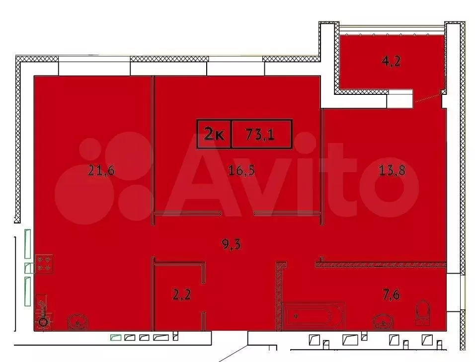 2-к. квартира, 73,1 м, 5/9 эт. - Фото 0