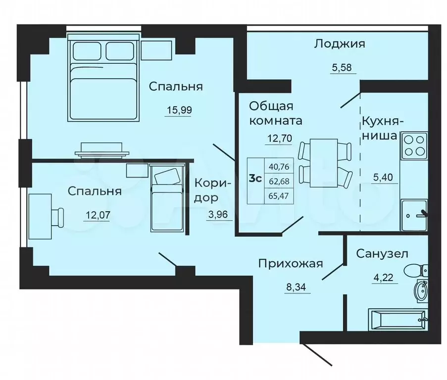 2-к. квартира, 65 м, 22/24 эт. - Фото 1