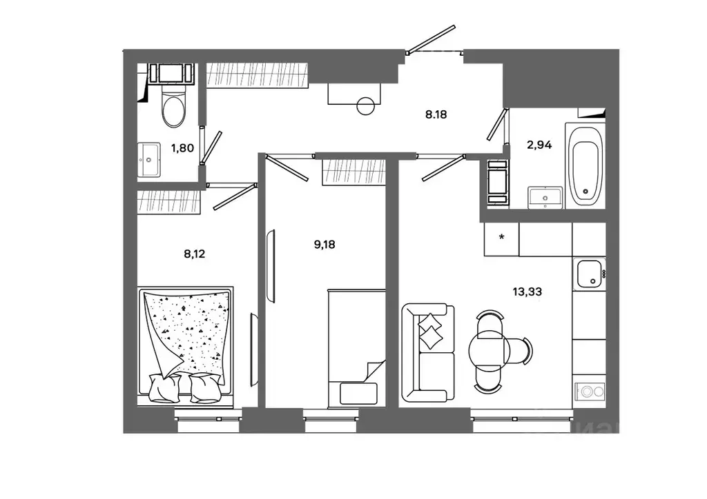 2-к кв. Ханты-Мансийский АО, Сургут 30А мкр,  (43.55 м) - Фото 0