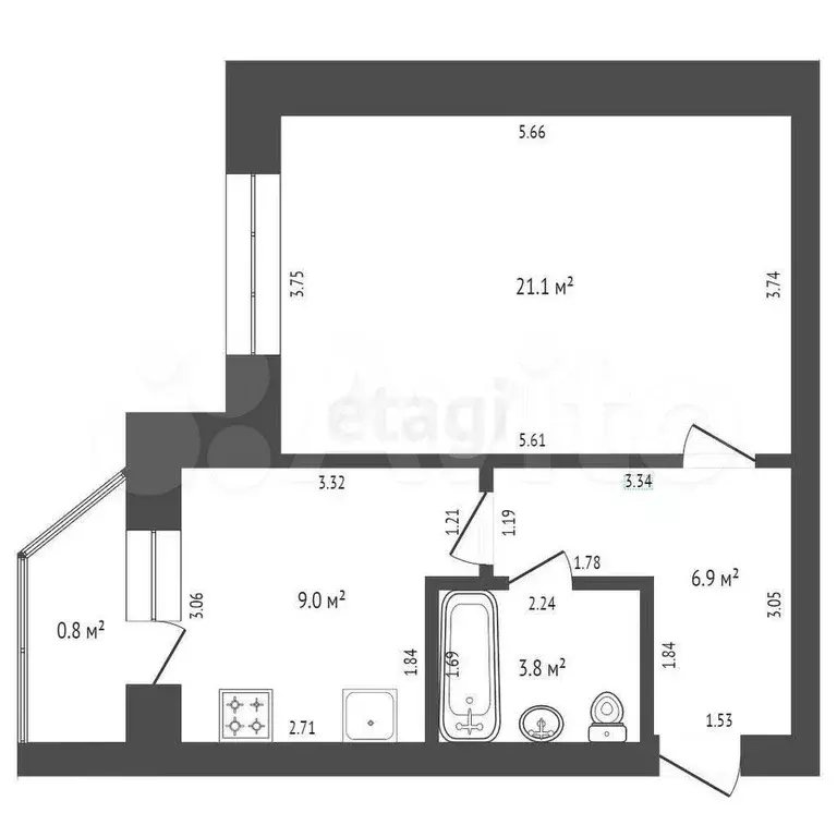 1-к. квартира, 40,8 м, 2/5 эт. - Фото 1