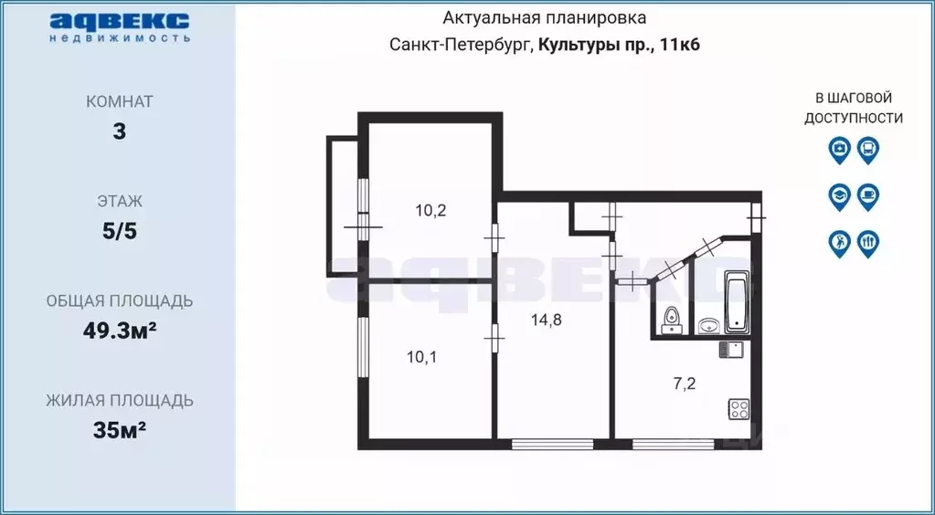 3-к кв. Санкт-Петербург просп. Культуры, 11К6 (49.9 м) - Фото 0