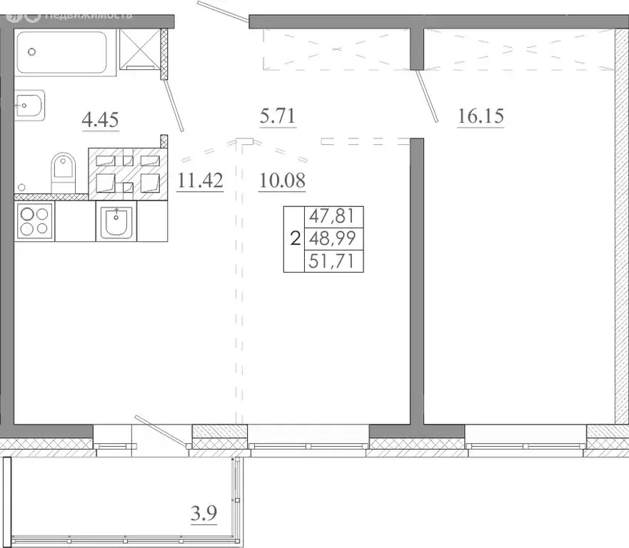 2-комнатная квартира: Иркутск, улица Баумана, 271/2 (51.71 м) - Фото 1