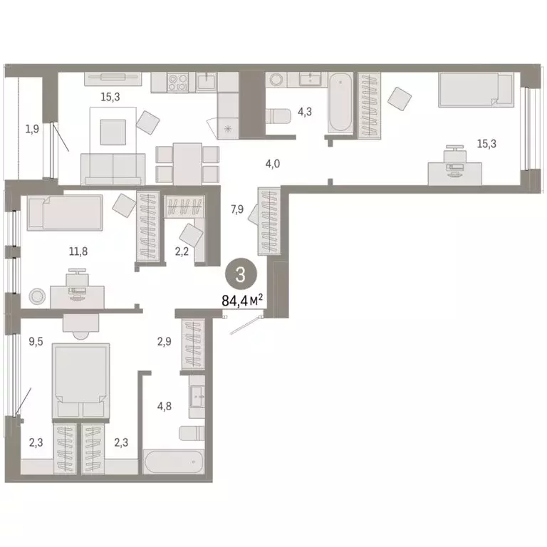 3-комнатная квартира: Тюмень, улица Республики, 205к1 (84.43 м) - Фото 2