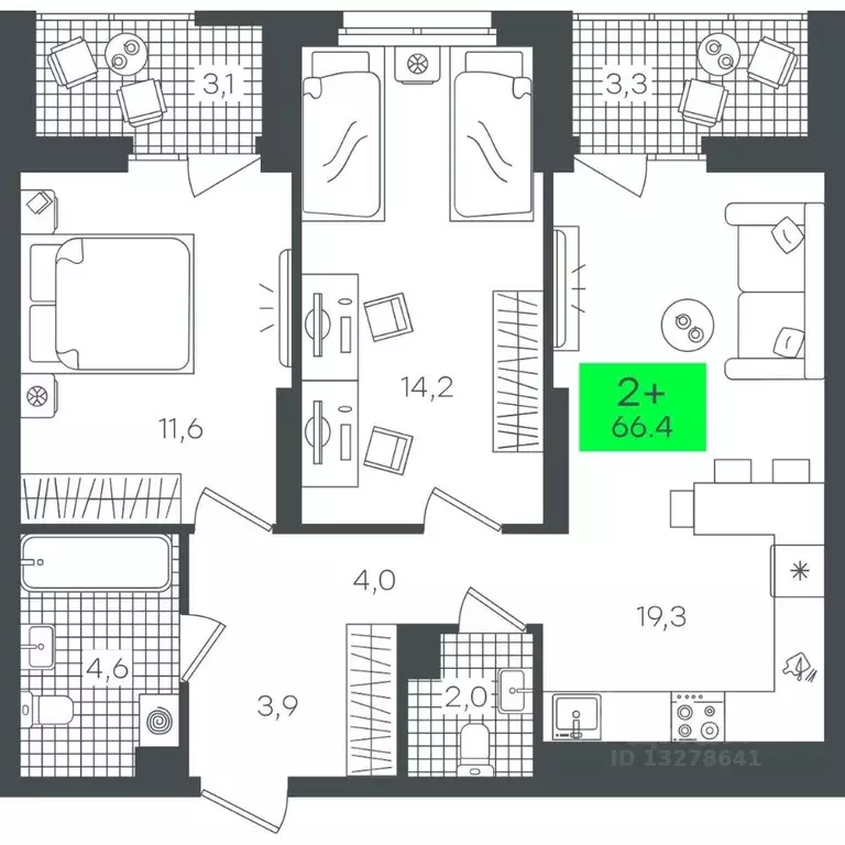 2-к кв. Тюменская область, Тюмень ул. Василия Малкова, 19 (66.46 м) - Фото 0