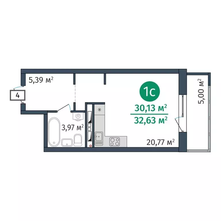 Квартира-студия: Тюмень, Краснооктябрьская улица, 10 (30.13 м) - Фото 1