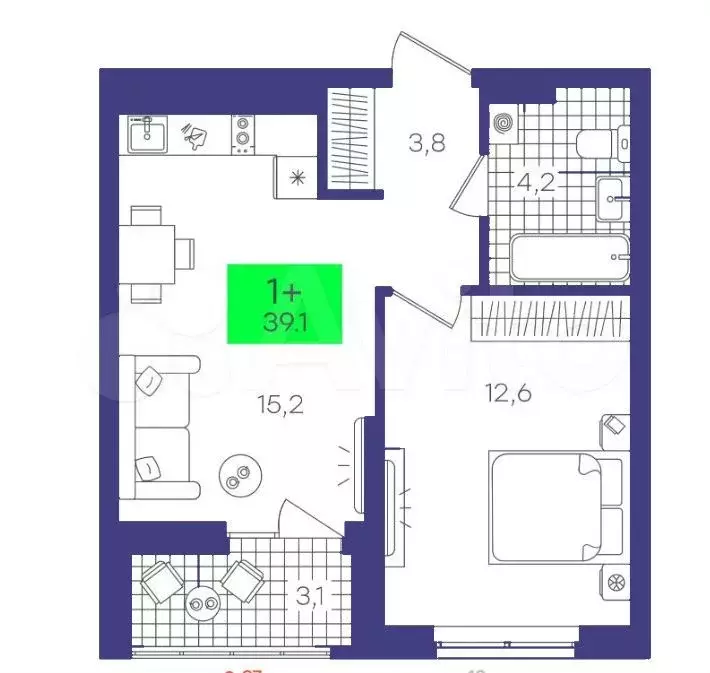 1-к. квартира, 36,1 м, 6/8 эт. - Фото 1