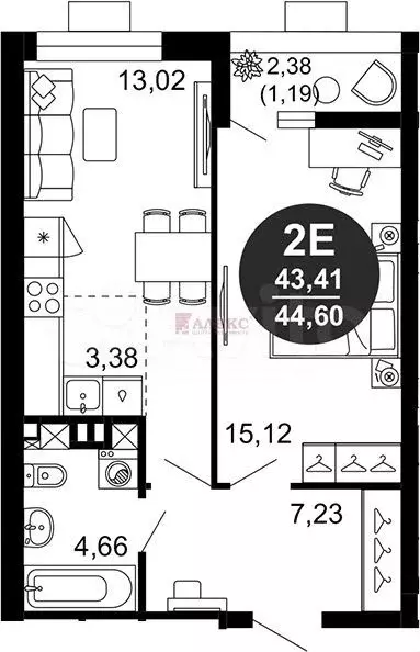2-к. квартира, 43,4 м, 1/10 эт. - Фото 1