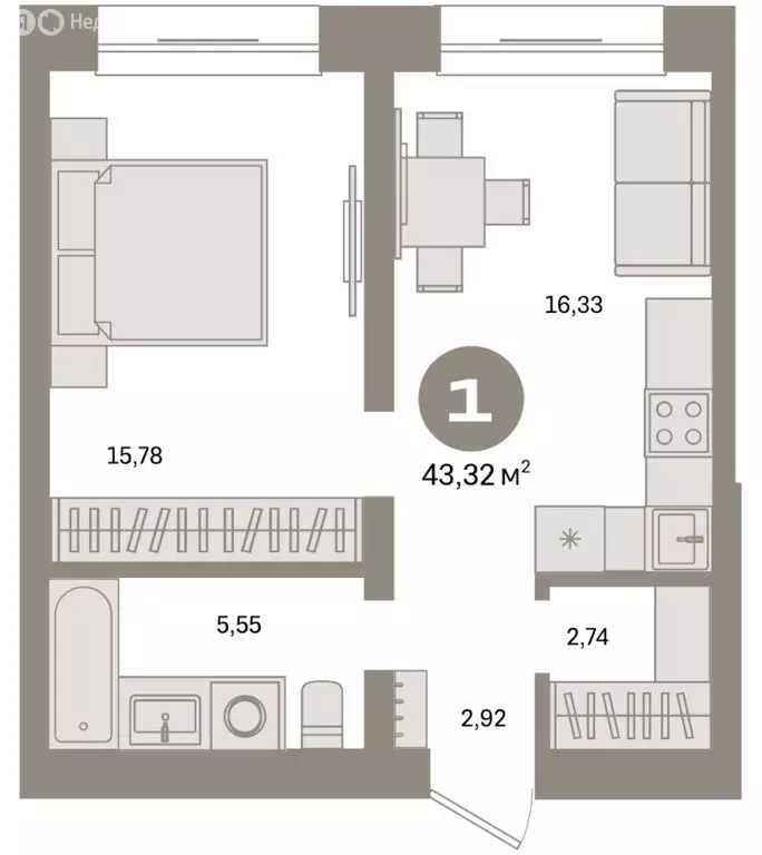 1-комнатная квартира: Тюмень, Причальная улица, 7 (43.32 м) - Фото 1
