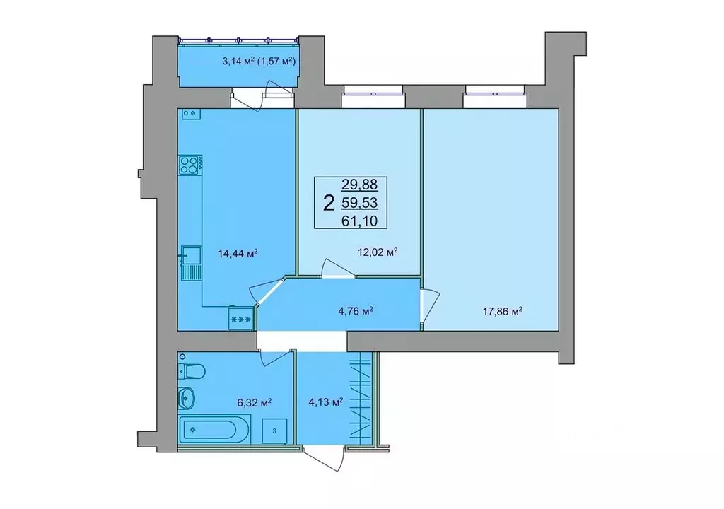 2-к кв. Костромская область, Кострома Привокзальная ул., 12 (61.1 м) - Фото 0