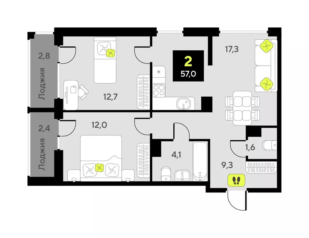 2-комнатная квартира: Тюмень, улица Разведчика Кузнецова, 9 (57 м) - Фото 1