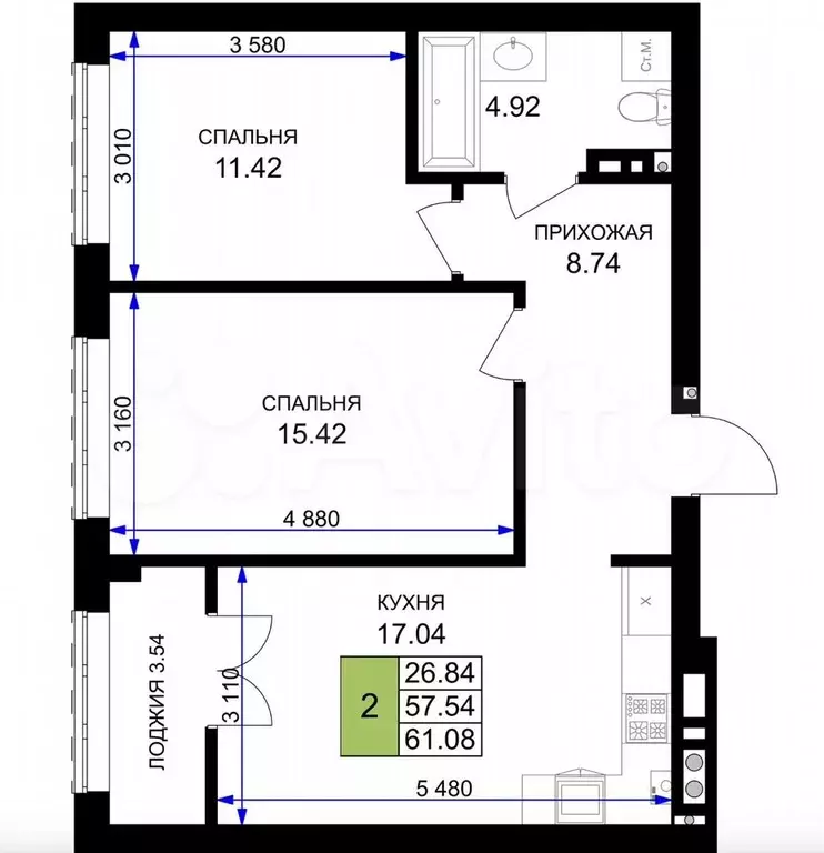 2-к. квартира, 61,1 м, 2/7 эт. - Фото 1