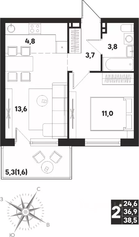 2-к кв. Пермский край, д. Кондратово ул. Парфенова, 5 (38.5 м) - Фото 0