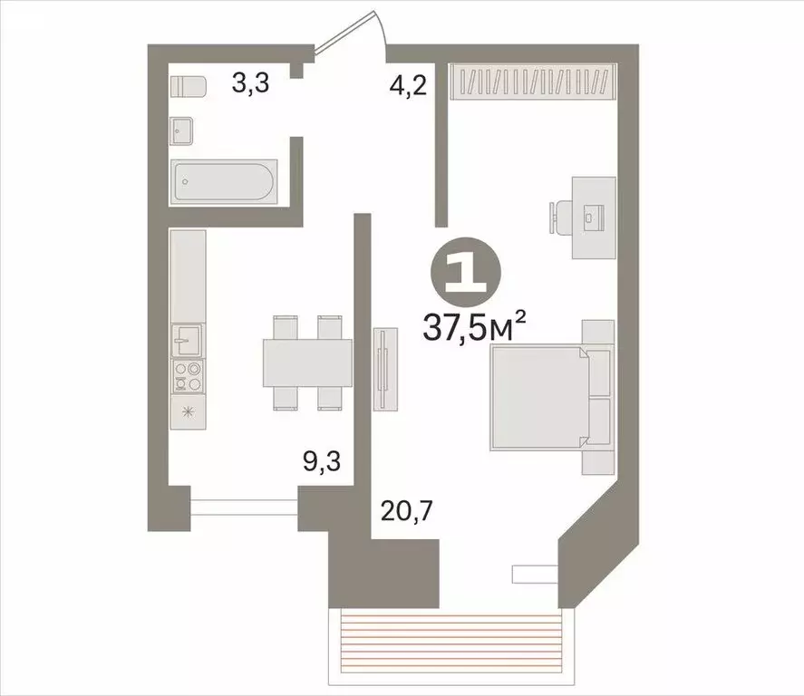 1-комнатная квартира: Новосибирск, улица Серафимовича, 24/1 (37.5 м) - Фото 1