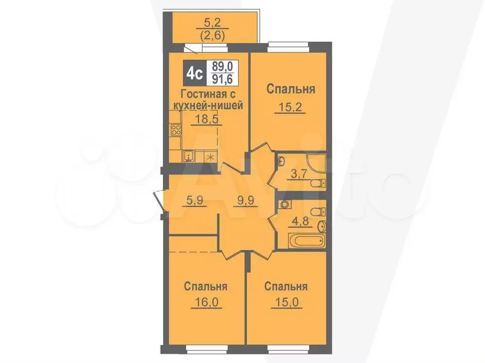 4-к. квартира, 91,6 м, 5/14 эт. - Фото 0