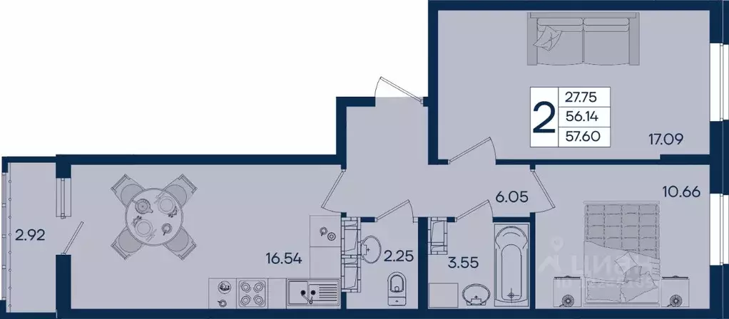 2-к кв. Краснодарский край, Краснодар  (57.6 м) - Фото 0