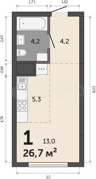 Квартира-студия, 26,7 м, 9/32 эт. - Фото 0