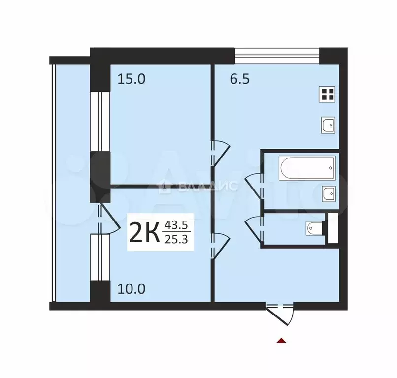 2-к. квартира, 43,5 м, 2/9 эт. - Фото 0