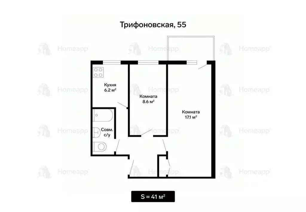 2-к кв. Москва Трифоновская ул., 55 (41.0 м) - Фото 1