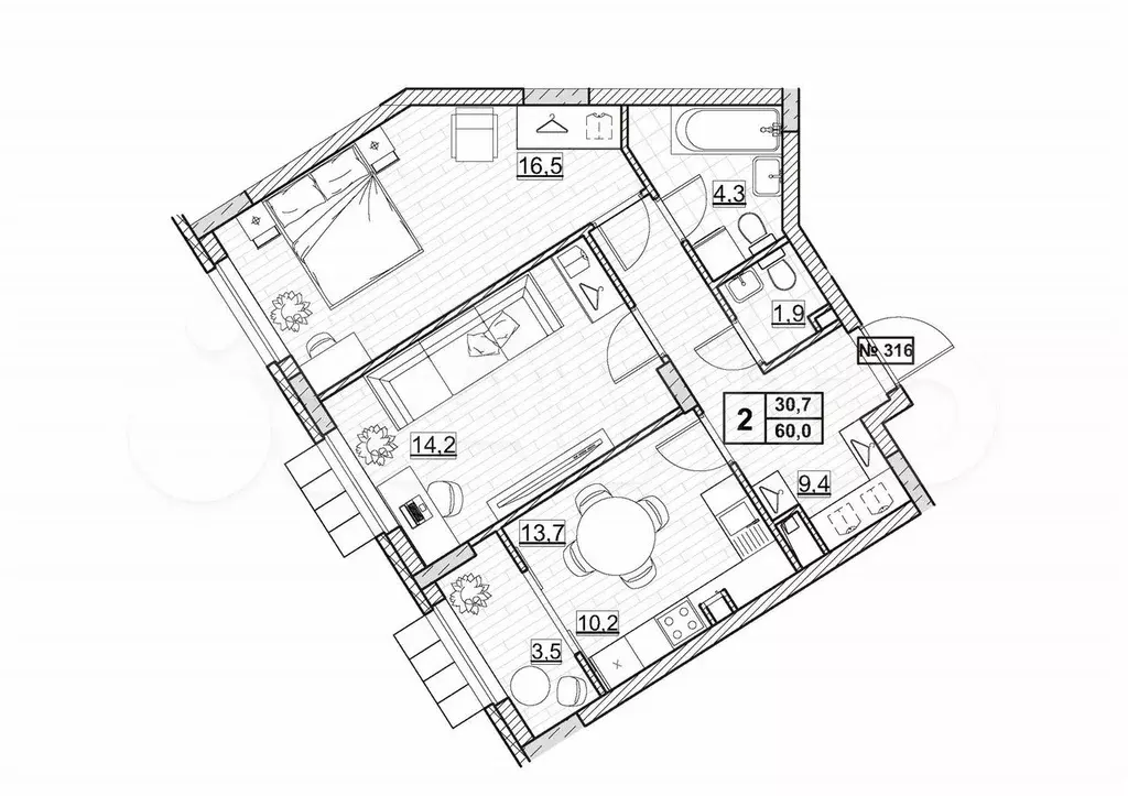 2-к. квартира, 60 м, 14/24 эт. - Фото 0