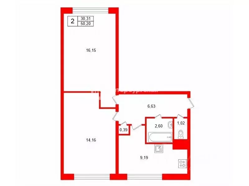 2-к кв. Санкт-Петербург ул. Подвойского, 24к1У (50.2 м) - Фото 2