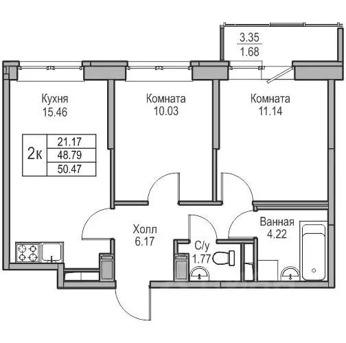 2-к кв. Санкт-Петербург ул. Ивинская, 1к3 (48.79 м) - Фото 0