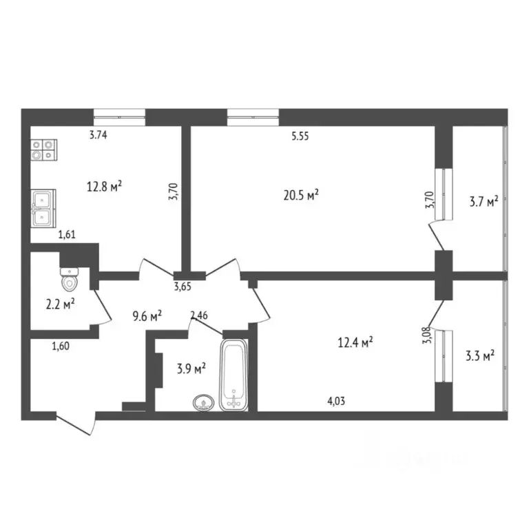 2-к кв. Тюменская область, Тюмень ул. Ю.-Р.Г. Эрвье, 30к1 (61.4 м) - Фото 1