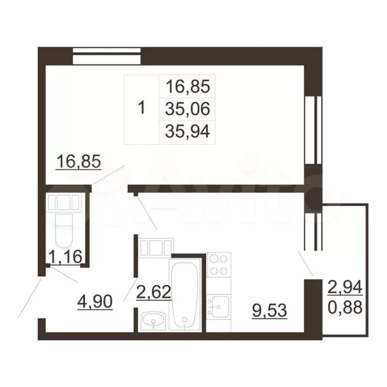 1-к. квартира, 35,9м, 3/6эт. - Фото 0