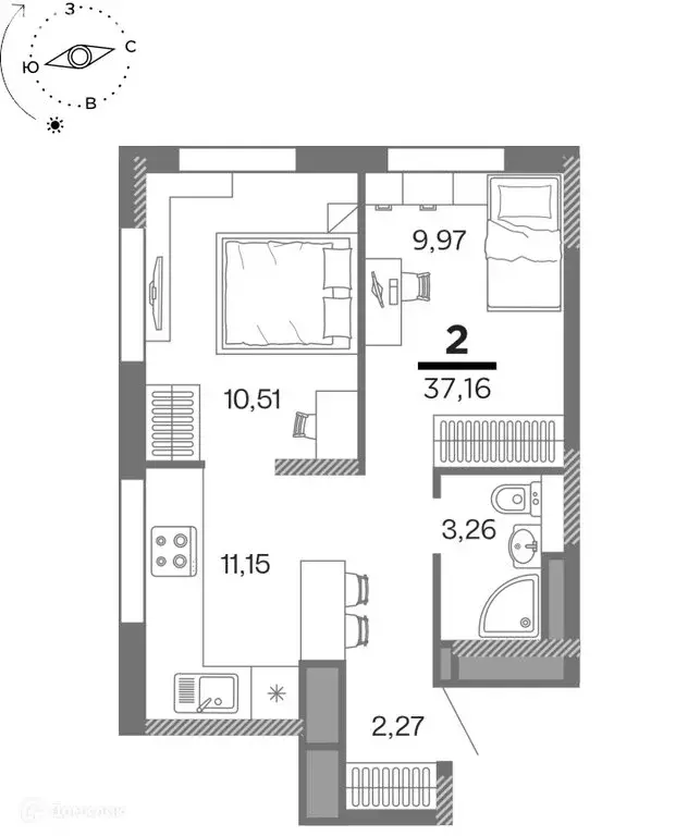 2-комнатная квартира: Рязань, улица Александра Полина, 3 (37.16 м) - Фото 0