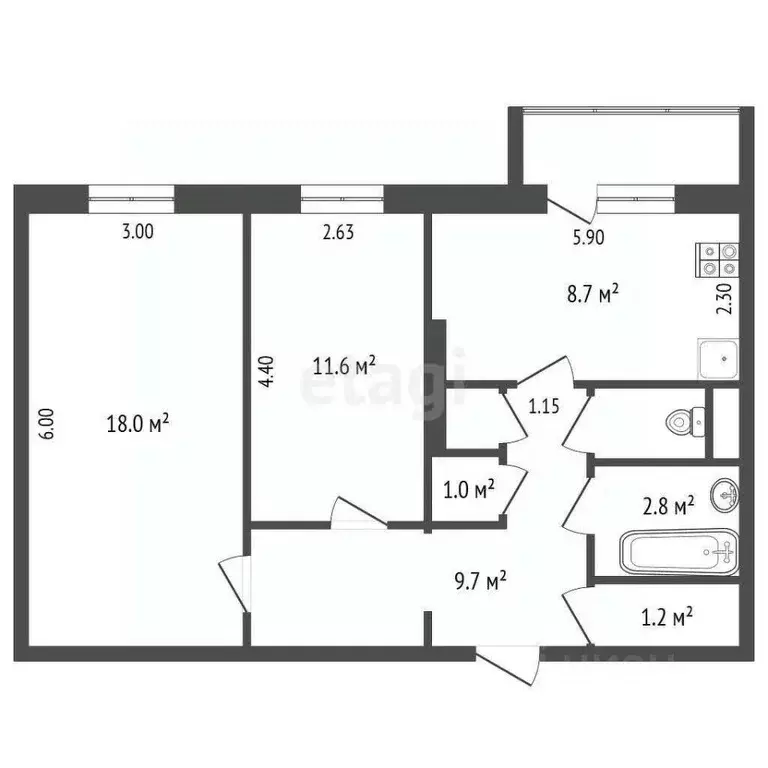 2-к кв. Ямало-Ненецкий АО, Новый Уренгой Мирный мкр, 8/1 (54.8 м) - Фото 2
