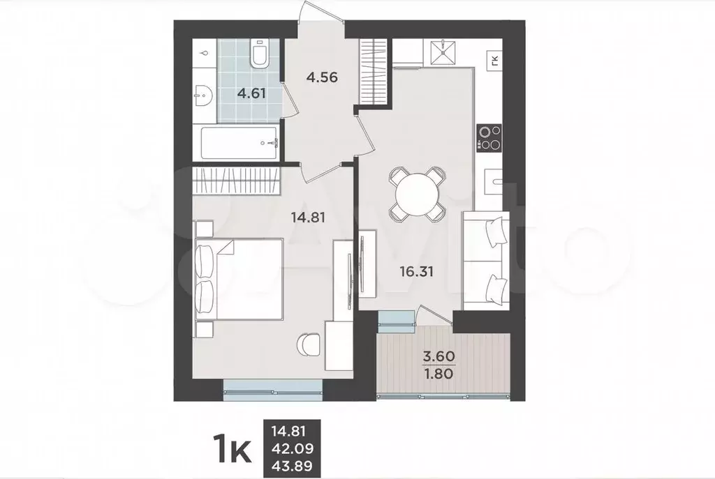 1-к. квартира, 42,1 м, 6/9 эт. - Фото 1