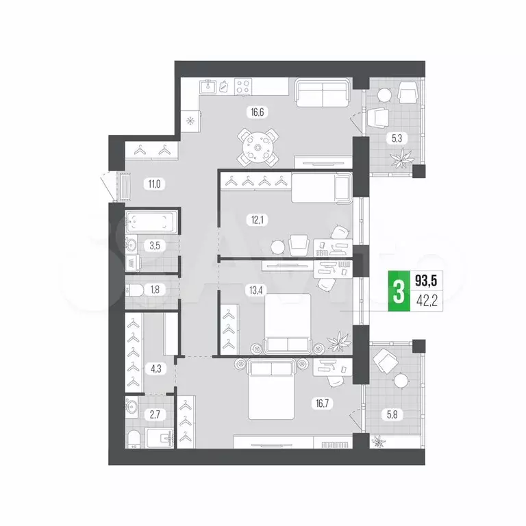 3-к. квартира, 93,5 м, 7/9 эт. - Фото 0