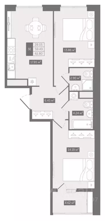 2-к кв. Санкт-Петербург Кирилловская ул., 11 (61.8 м) - Фото 0