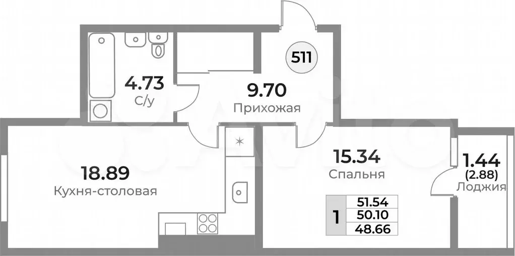 1-к. квартира, 51,5 м, 1/10 эт. - Фото 1