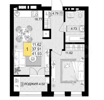 1-к. квартира, 41,9 м, 2/7 эт. - Фото 1