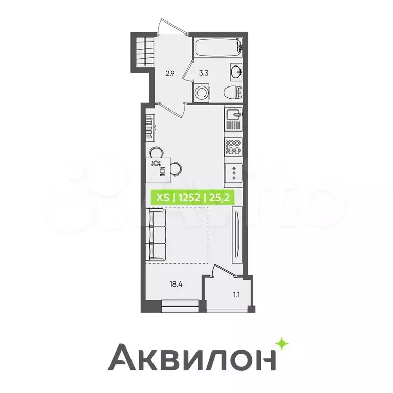 Квартира-студия, 25,2 м, 1/13 эт. - Фото 1