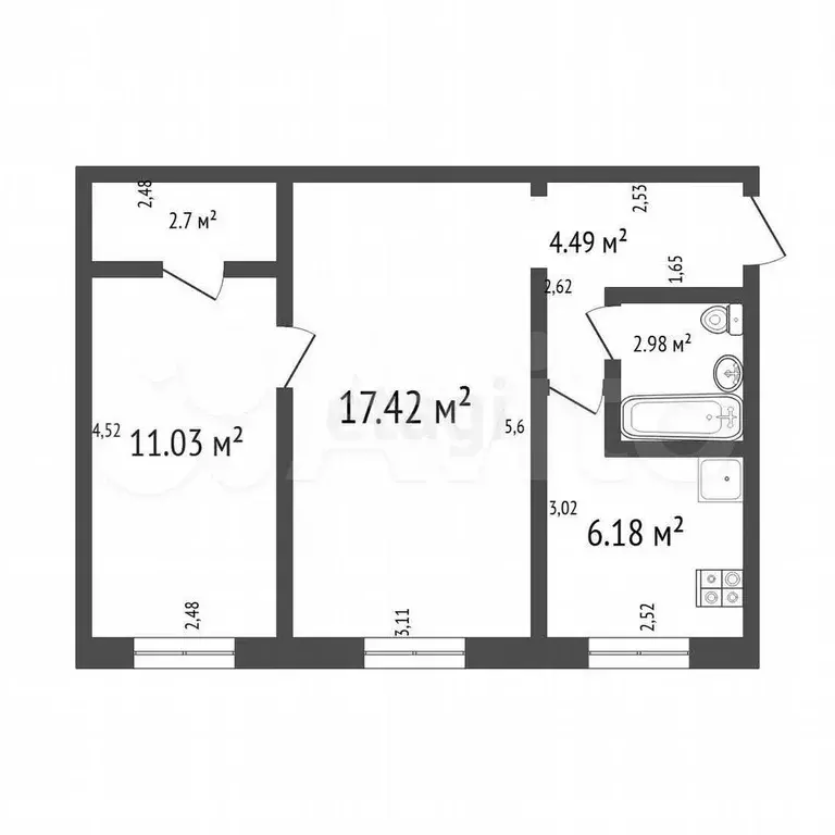 2-к. квартира, 44,8 м, 1/5 эт. - Фото 0