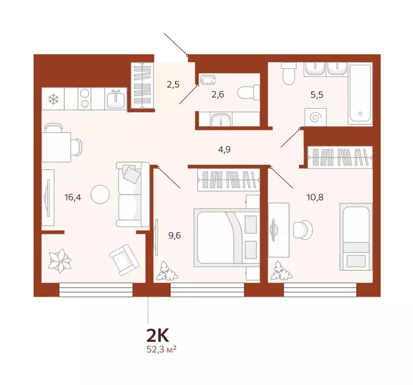 2-к кв. Тюменская область, Тюмень ул. Новаторов, 28 (52.3 м) - Фото 1