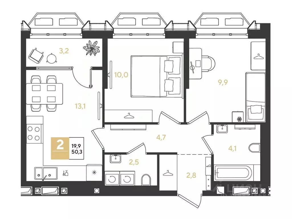 2-к кв. Краснодарский край, Краснодар Самолет кв-л,  (50.3 м) - Фото 1