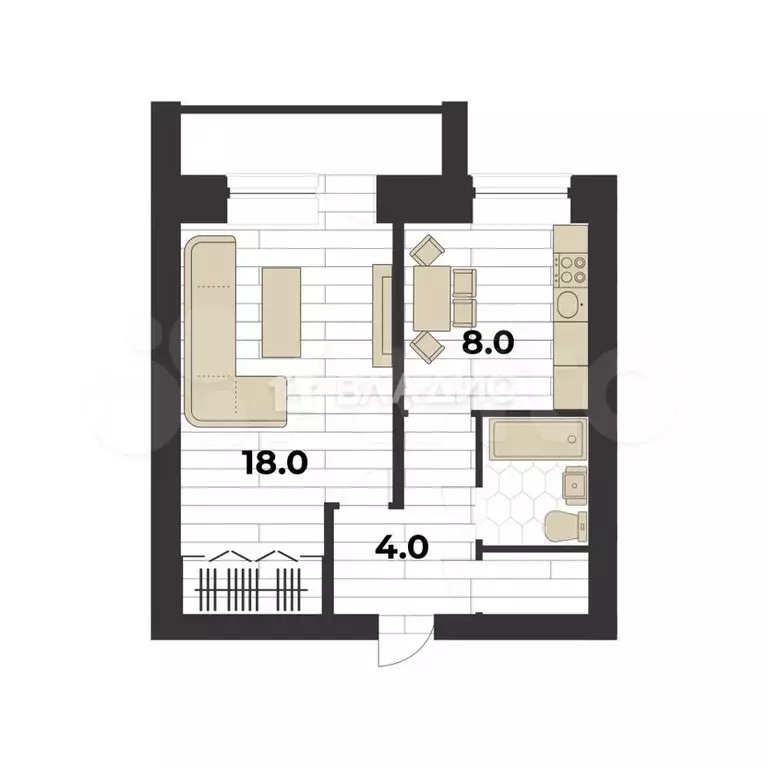 1-к. квартира, 34,7 м, 4/5 эт. - Фото 0