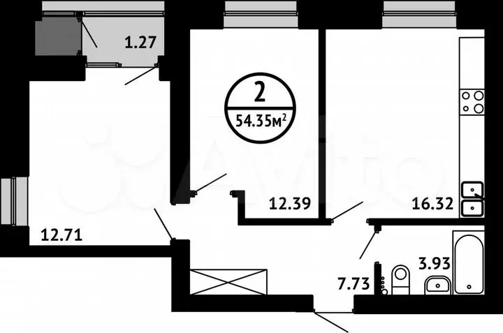 2-к. квартира, 54,4м, 3/8эт. - Фото 0