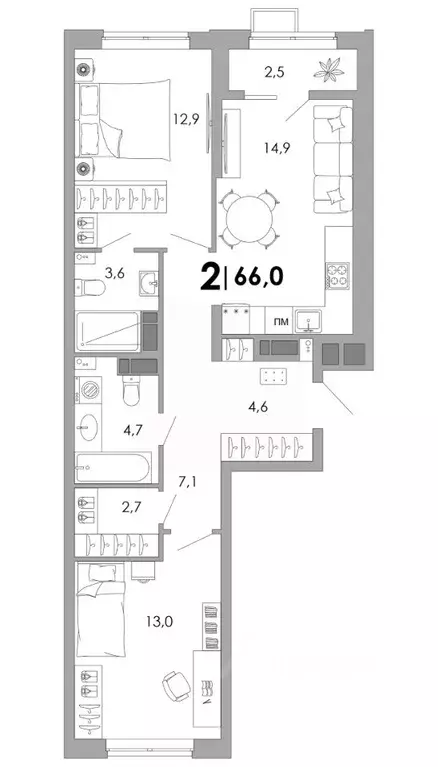 2-к кв. Владимирская область, Владимир Уно жилой комплекс (66.0 м) - Фото 1
