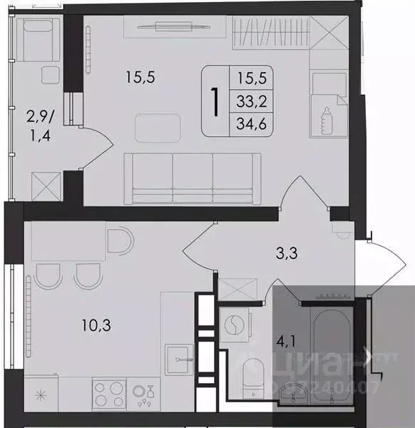 1-к кв. Воронежская область, Воронеж ул. Шишкова, 140Б/21 (34.6 м) - Фото 0